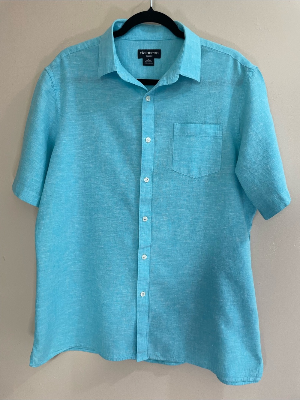 Claiborne Slim Fit Light Blue Linen Cotton Short Sleeve Shirt Men’s L